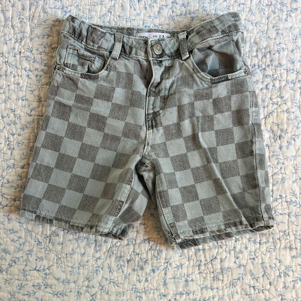 Zara Kids Checkered Denim Shorts 2-3 Years Gray
